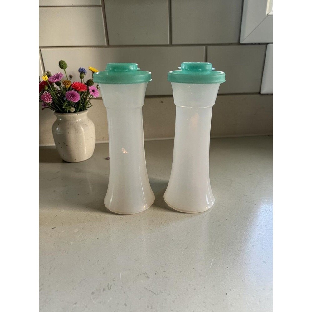 Vintage Tupperware Salt and Pepper Shakers Sea Green Lids Hourglass